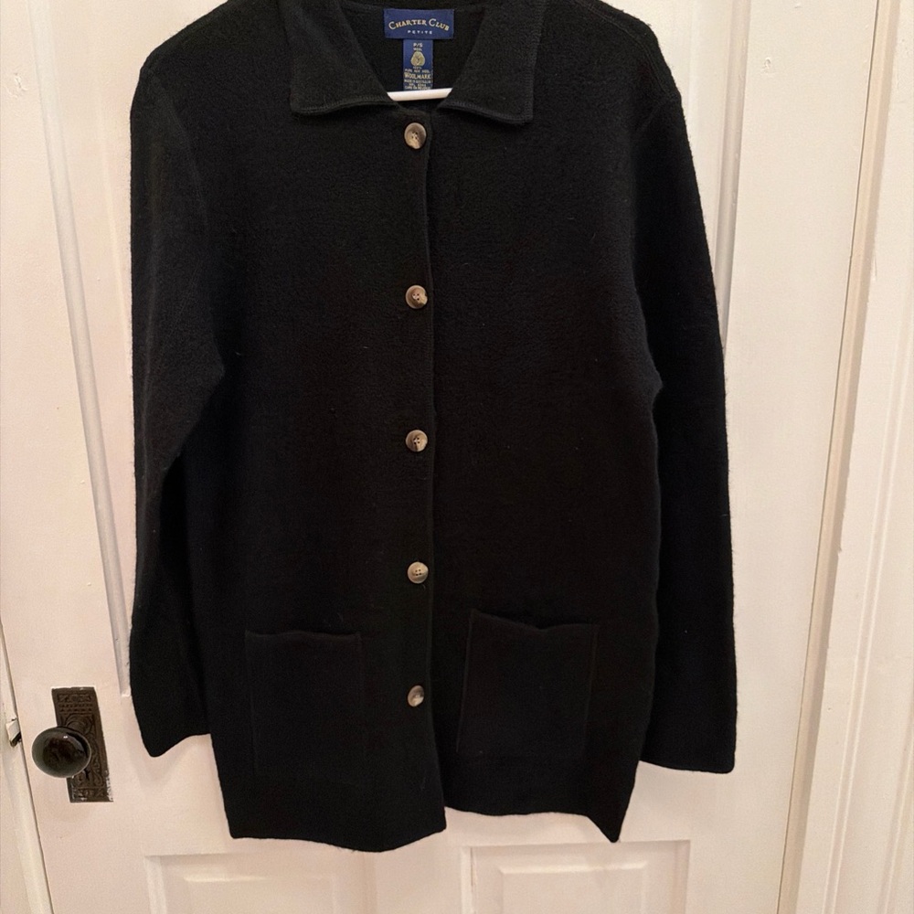 Charter Club 100% Wool Black Button Down Long Cardigan Sweater Women’s Petite Sm